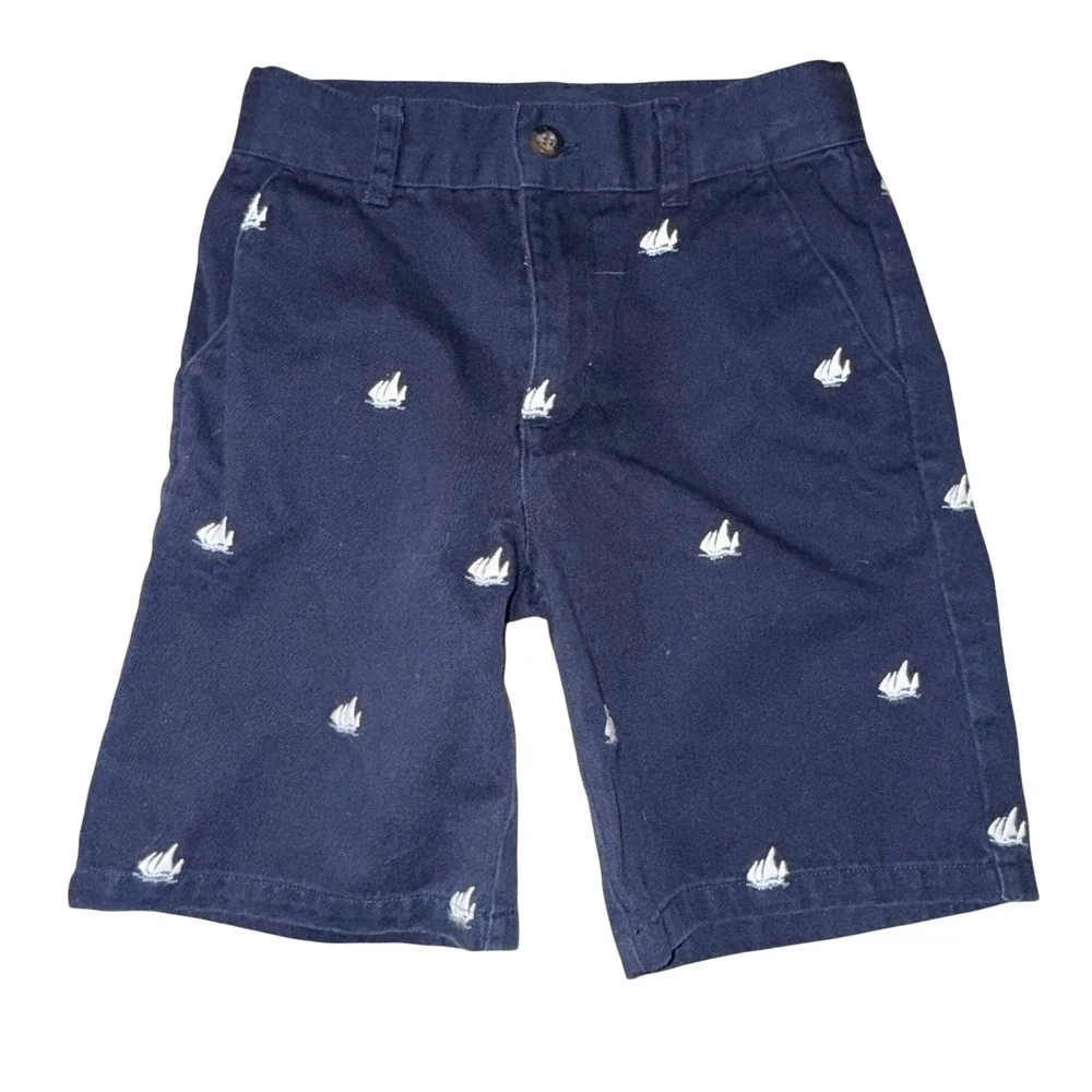 Janie and Jack Chino Shorts 4 Navy‎ Blue Sailboat Embroidered Nautical Boys